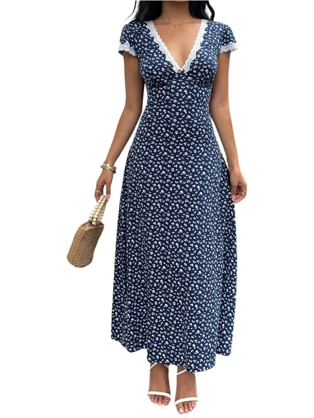 Chic Polka Dot Lace Trim V-Neck Dress - Short Sleeve, Flowy Long Style